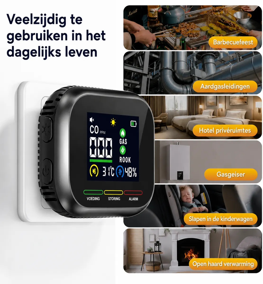 De detector in het stopcontact naast barbecue, gasleiding, hotelkamer, gaskachel en open haard
